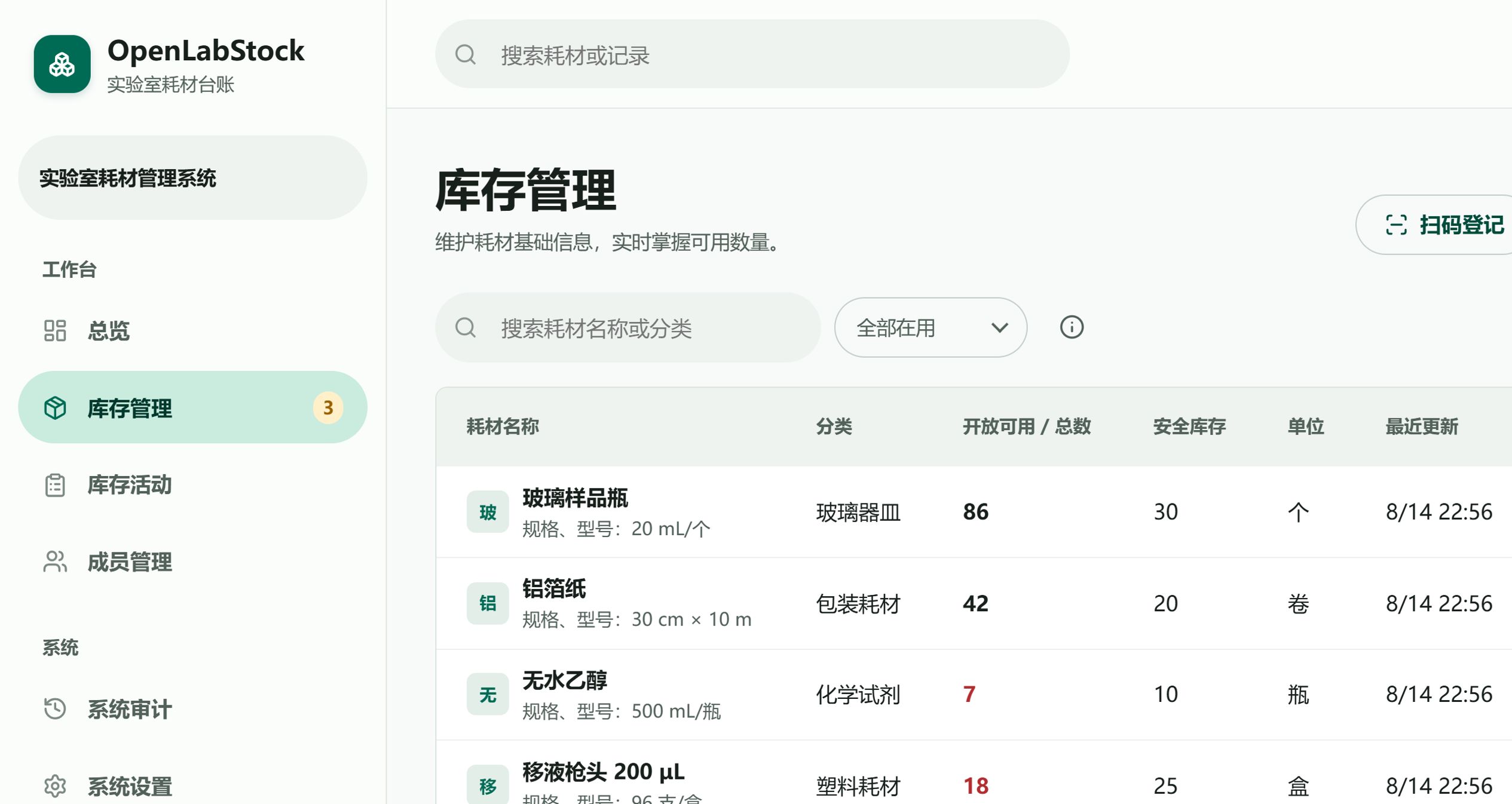 OpenLabStock 桌面端库存管理列表